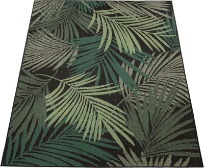 Produktbild von Outdoor Teppich Palmblättermuster Balkon, Terrasse schmutzabweisend Schwarz Rechteckig 120x170 | 100% Polypropylen | pflegeleicht