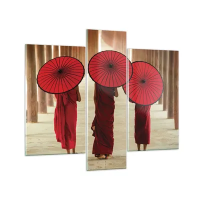 Produktbild von Bilder auf glas - 3 Teile - Bhutan Regenschirm Rot - 95x80cm - Glasbilder - Wandbilder - Bilder - zum Aufhängen bereit - Wanddekoration aus Glas - Glas Bilder - Wandbild auf Glas - GCB95x80-4290