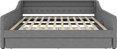 Produktbild von Flieks Polsterbett 90x200cm mit USB und LED, Schlafsofa Sofabett Tagesbett mit Ausziehbett, Einzelbett Holzbett Funktionsbett mit Lattenrost, Leinen