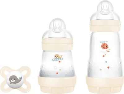 Produktbild von MAM Starter Set mit 2 Babyflaschen Easy Start Anti-Kolik, 160ml und 260ml mit Sauger aus SkinSoftTM Silikon, mit Original Start Schnuller, 0+ Monate, tral