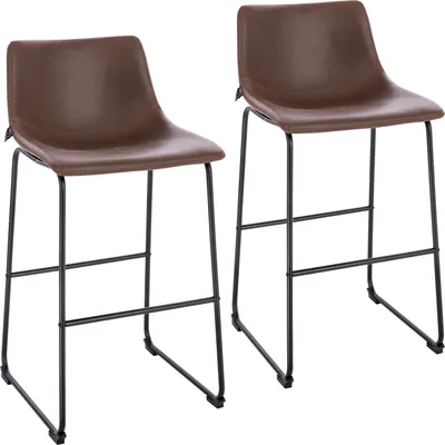 Two brown bar stools with black metal legs are shown against a white background.