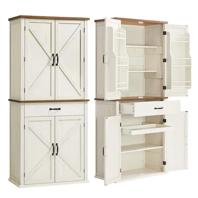 Two views of a white and brown cabinet against a white background. One view shows the cabinet closed, and the other shows it open, revealing shelves and drawers.