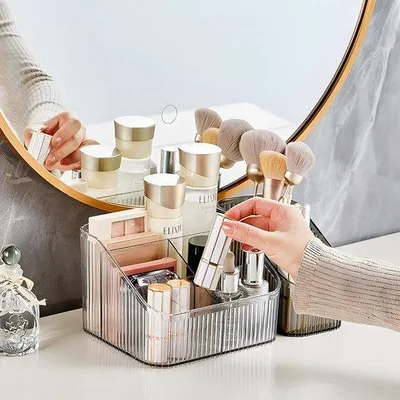 Image de Plateau de salle de bain pour accessoires de maquillage, organiseur à 4 coupelles pour produits de soin, parfum, brosse à cheveux, lunettes de soleil et fournitures de bureau