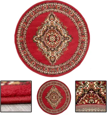 Produktbild von Teppich Rund Orientalisch Klassisch Orient Teppich Kurzflor Wohnzimmer Schlafzimmer, Maße:Ø 120 cm Rund, Muster:8757, Color:Red