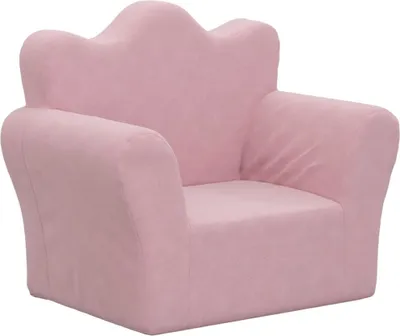 A pink children's armchair with a crown-shaped backrest is shown against a white background.