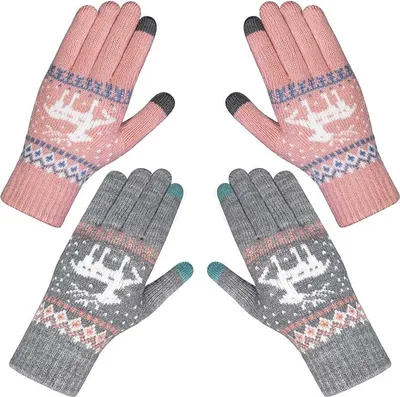 Produktbild von Fashion Handschuhe Damen Winter Warme Touchscreen Winterhandschuhe Druck halten warm mit Kaschmir für Frauen und Männer MEHRWEG, Frauen, Männer , rosa + grau, Elch, Einheitsgröße