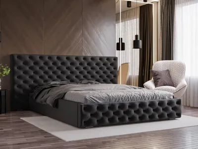 Obrázok produktu pre GRAINGOLD Posteľ Chesterfield 180x200 Madera - Štýlové masívne čelo - Čalúnená posteľ s podnožou a lamelovým roštom - Elegantná posteľ - Čierna (Amor velvet 4322)