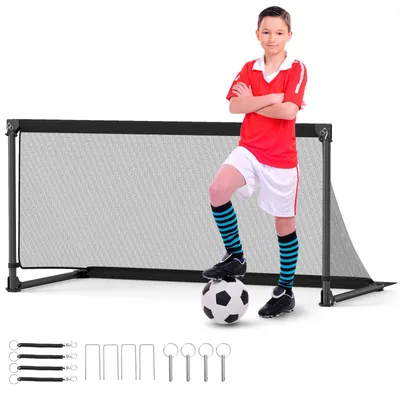 Immagine prodotto di COSTWAY 150 x 71 x 76 cm Porta da calcio, porta da calcio con telaio in metallo, rete in PE e 4 picchetti a forma di U, facile da montare, attrezzatura da allenamento per esterni