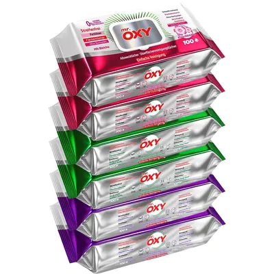 A stack of multi-colored Mr. OXY all-purpose cleaning wipe packages.