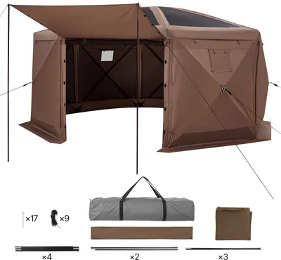 Image de SucceBuy Pop-up Pavillon avec moustiquaire, 4,57 x 4,57 m, tente de camping spacieuse à 8 côtés avec toit amovible et sac de transport, tente pour les fêtes, protection contre le soleil pour 12-15 personnes, convient pour le jardin et la terrasse, brun