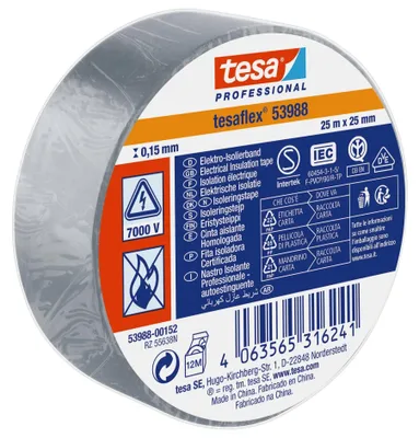Zdjęcie produktu dla tesa Professional 53988, taśma izolacyjna, 7000V, szara, 25 m x 25 mm | 1 rolka