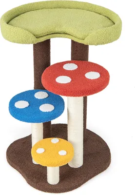 Produktbild von GOPLUS Pilz Kratzbaum, Katzenbaum Indoor mit Katzenhöhle/Plattformen & Kratzbretter & Spielbällen, Kätzchen-Aktivitätszentrum Kletterbaum aus Holz und Teddystoff, für Zuhause (60 x 65 x 94 cm)