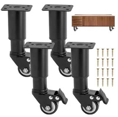 Immagine prodotto di Set di 4 piedini regolabili per mobili con rotelle, colore nero, altezza regolabile da 18 a 26 cm