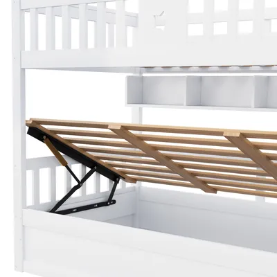Obrázek produktu pro okwish Patrová postel 90x200, dřevěná postel s policemi, patrová postel s úložným schodištěm, mládežnická postel s hydraulickým úložným prostorem, bez matrace, bílá