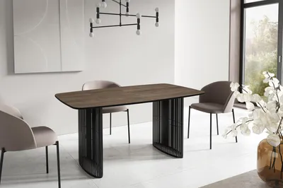 Produktbild von Esstisch Rechteckig Ausziehbar mit Lamellen im Loft-Stil – 160 bis 240 cm – Schwarzen Metallbeinen, Industrieller Tisch mit Abgerundeten Ecken für 8-12 Personen – Wohnzimmer – Walnuss Braun