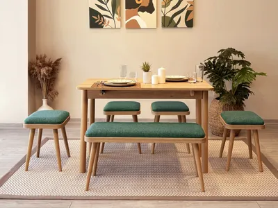 Produktbild von Skye Decor, Vina Mini 06 1070 - Oak, Green, Set aus ausziehbarem Esstisch und Stühlen (6-teilig), Eiche, 100 % MELAMINBESCHICHTETE SPANPLATTEN, 50 x 110 x 75 cm