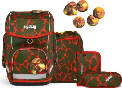 A collection of school bag items with a giraffe-like pattern.