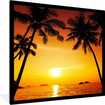 Produktbild von MuchoWow® Gerahmtes Poster Palme - Sonnenuntergang - Strand - Orange - Tropisch 40x40 cm - Poster mit Schwarzem Bilderrahmen Wandposter Rahmen Foto Bilder - Mit Rahmen - Wanddekoration Schlafzimmer
