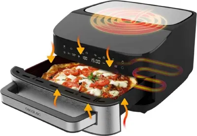 An air fryer with a pizza inside, illustrating the cooking process with heat flow arrows.