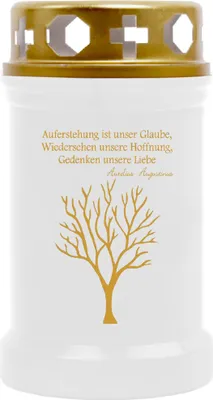 Produktbild von Grabkerze Weiß ( Druck Gold ), Brenndauer: 40 Stunden, Motiv: Baum