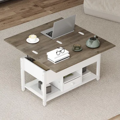 Produktbild von YITAHOME Couchtisch ausziehbar, 4-in-1 Wohnzimmertisch Höhenverstellbar, mit 1 Schubladen, Stauraum, 90x47x61 cm, Weiß+Braun
