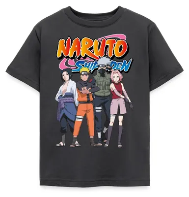 Produktbild von Spreadshirt Naruto Shippuden Sasuke, Naruto, Kakashi & Sakura Kinder T-Shirt, 98/104 (3-4 Jahre), Dunkelgrau