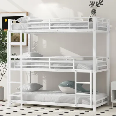 Produktbild von 90x200cm Bettgestell Metallbett,Etagenbett,Eisenbett, Dreifach-Etagenbett für Kinder, Jugendliche und Erwachsene, Weiß