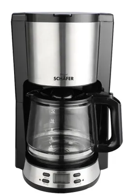 A studio shot of a black and silver drip coffee maker.