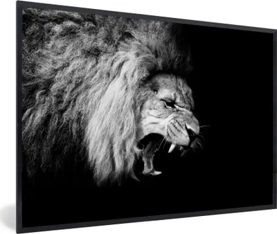 Produktbild von MuchoWow® Gerahmtes Poster Löwe - Porträt - Schwarz - Weiß - Tiere 90x60 cm - Poster mit Schwarzem Bilderrahmen Wandposter Rahmen Foto Bilder - Fotorahmen - Foto-Plakat
