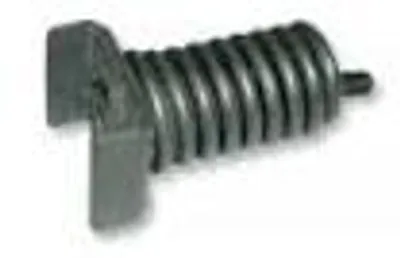A close-up of a metal spring with a mounting bracket.