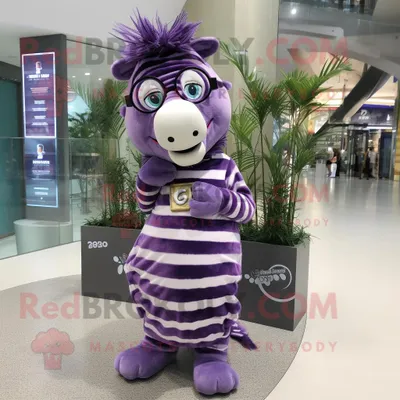 Produktbild von Lila REDBROKOLY Zebra Maskottchen Kostüm figur bekleidet mit einem Maxikleid und einer Brille