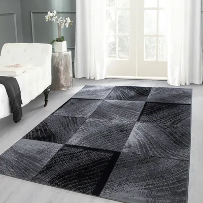 Produktbild von Modern Kurzflor Teppich Wohnzimmer Abstrakt Kariert Design Schwarz Pflegeleicht, Grösse:200x290 cm