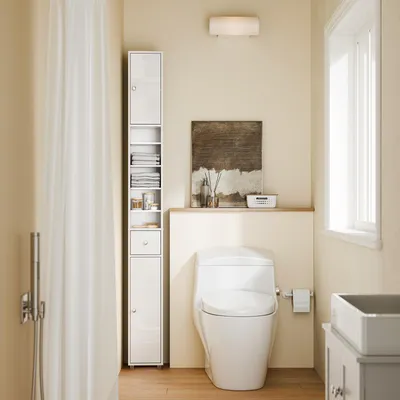 Image de Armoire de salle de bain SoBuy étroite 20 x 20 cm, armoire haute, armoire de niche pour salle de bain avec 6 étagères réglables, tiroir, armoire de salle de bain peu encombrante BZR167-GW