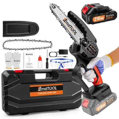 Image de Scie à chaîne électrique sans fil - Mini scie à chaîne 21V 700W - Lame de 15 cm - Batterie de 1,5 Ah, 1 batterie, 2 chaînes - 3500 tr/min - Pour la coupe et l'élagage