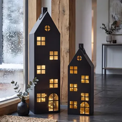 Produktbild von 2er Set Laterne Haus 65-95cm Metall Schwarz Deko Windlicht Industrial Style Kerze Kerzenständer Lichtdeko