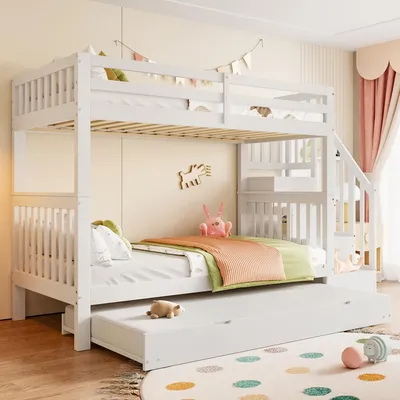 Produktbild von MODFU Etagenbett Kinderbett 90 x 200 cm mit ausziehbares Bett 90 x 190 cm, Hochbett mit Rausfallschutz und 3x Lattenrost für Kinder, Weiß(Ohne Matratze)