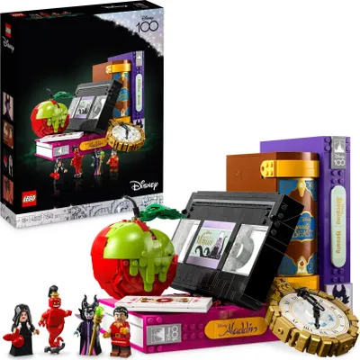 Produktbild von LEGO Sammlerset Zeichen der Bösewichte, Modell 43227, 1540 Teile – Nostalgie-Sammlung für Erwachsene & Teenager zum 100 Jahre Disney Jubiläum, inkl. 4 Minifiguren, legendären VHS- & Buchmodellen, als nostalgische Buchstütze, Maße: 19x23x18 cm (HxBxT), mit Premium- & digitaler Bauanleitung