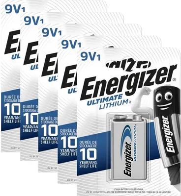 Multiple blister packs of Energizer 9V lithium batteries are shown in a studio shot.
