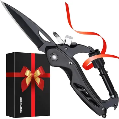 Immagine prodotto di Coltello multiuso da tasca con portachiavi, in alluminio e acciaio inossidabile, ideale per campeggio e attività all'aperto