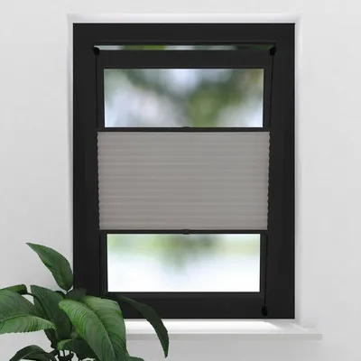 Produktbild von SOLUNA Faltenplissee mit Seitenverspannung und farblich abgestimmter Mechanik ohne Bohren hellgrau schwarz 100x130 cm