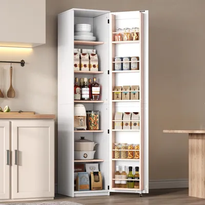 Produktbild von Merax Hochschrank Küchenschrank mit Türablagen, Vorratsschrank mit verstellbaren Böden, schmaler Aufbewahrungsschrank für Küche/Wohnzimmer, Weiß