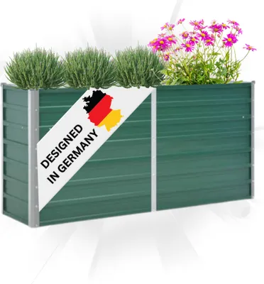 A green raised garden bed with plants and flowers, featuring a "Designed in Germany" label.