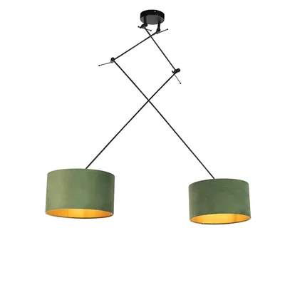 Produktbild von QAZQA - Landhaus I Vintage I Rustikal Hängelampe I Pendellampe I Pendelleuchte mit Samtschirmen grün mit Gold I Messing 35 cm - Blitz II schwarzI 2-flammig I Wohnzimmer I Schlafzimmer - Textil Zylinde
