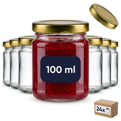 Produktbild von gouveo 24er Set Einmachgläser 100 ml rund mit Schraubdeckel goldfarben - Kleine Vorratsgläser mit Schraubverschluss - Schraubgläser zum Einkochen und Aufbewahren