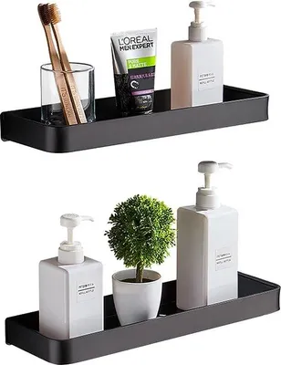 Produktbild von Unyqoos® selbstklebendes Duschregal aus Aluminium mit Ablauflöchern – Wandablage 30 × 12,5 × 4 cm, schwarz, 2er-Set, ohne Bohren, bis 30 kg
