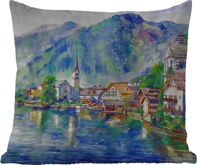 Produktbild von MuchoWow® Outdoor Kissen - Gemälde - Ölfarbe - Haus - Berge - Wasser - 45x45 cm - Wetterfest - Lounge Kissen - Fotokissen - Dekoratives Kissen