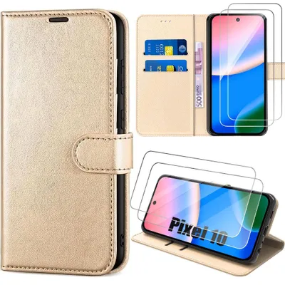 Image de Coque + 2 Verres Trempés pour Google Pixel 10, Protection Intégrale Anti-Rayures Antichoc Synthécuir Doré