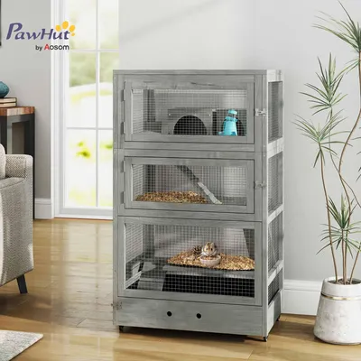 Zdjęcie produktu dla Drewniana klatka dla chomika PawHut, 65 x 45 x 109 cm, klatka dla myszy, klatka dla gryzoni z domkami, huśtawką, paletą, miskami na karmę, 4-piętrowa klatka dla małych zwierząt z zamkiem, rampami, kółkami, dla chomików karłowatych, szara