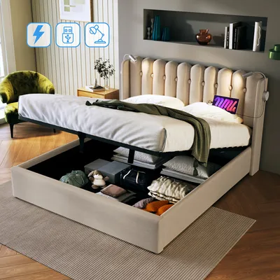 Produktbild von MODFU Boxspringbett Hydraulisches 140 x 200 cm mit Leselicht und Kopfteil Stauraum, Polsterbett Funktionelles mit USB-Ladeanschluss, Doppelbett Stauraumbett mit Bettkasten Stauraum, Samt Beige(Ohne Matratze)