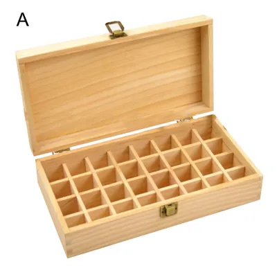 An open wooden box with multiple compartments for storing small items.